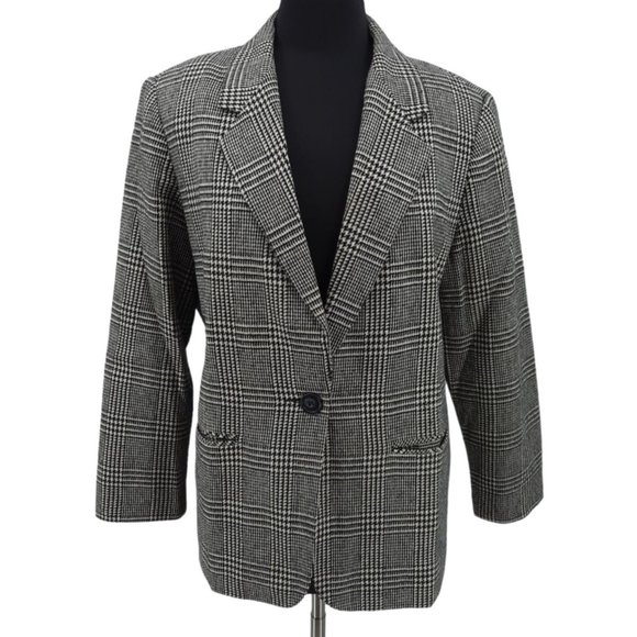 VTG 90s Requirements Size 14 Petite Black Cream Plaid Wool Single Button Blazer - Picture 6 of 6
